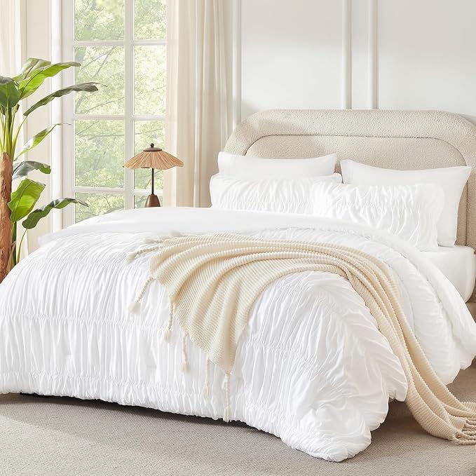 Andency Ruched White Oversized Queen Size Comforter Sets, Shabby Chic Pleated Bedding Sets 3 Pieces, Lightweight Soft Boho Ruffle Bed Set for Girls, Kids, Women, All Season
