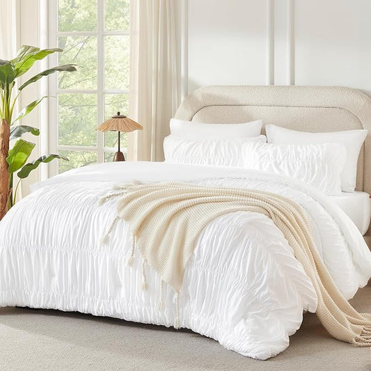 Andency Ruched White King Size Comforter Set, Shabby Chic Pleated Bedding Sets 3 Pieces, Lightweight Soft Boho Ruffle Bed Set for Girls, Kids, Women, All Season