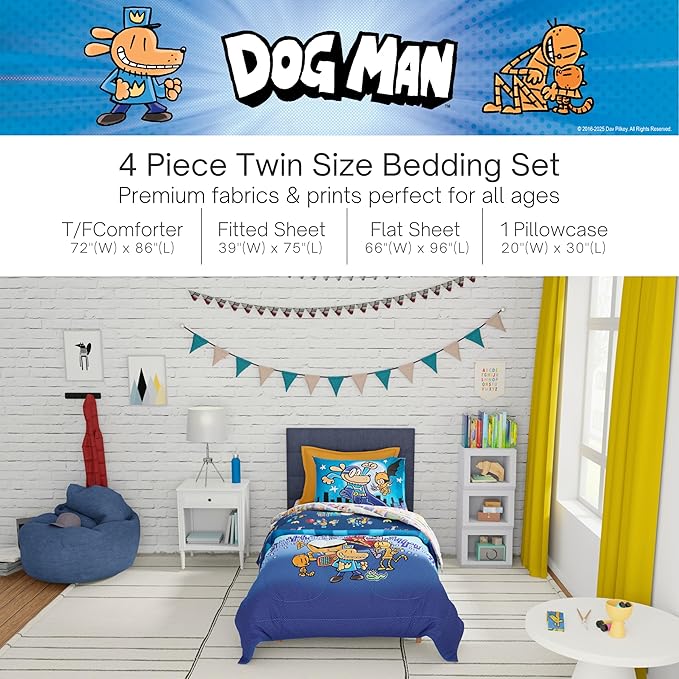 Dog Man Supa Buddies Kids Bedding Set, Twin Size, 4-Piece Super Soft Cozy Reversible Comforter & Sheet Set (Officially Licensed Product) by Franco | Durable, Reversible, Officially Licensed