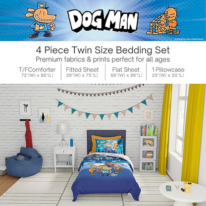 Dog Man Supa Buddies Kids Bedding Set, Twin Size, 4-Piece Super Soft Cozy Reversible Comforter & Sheet Set (Officially Licensed Product) by Franco | Durable, Reversible, Officially Licensed
