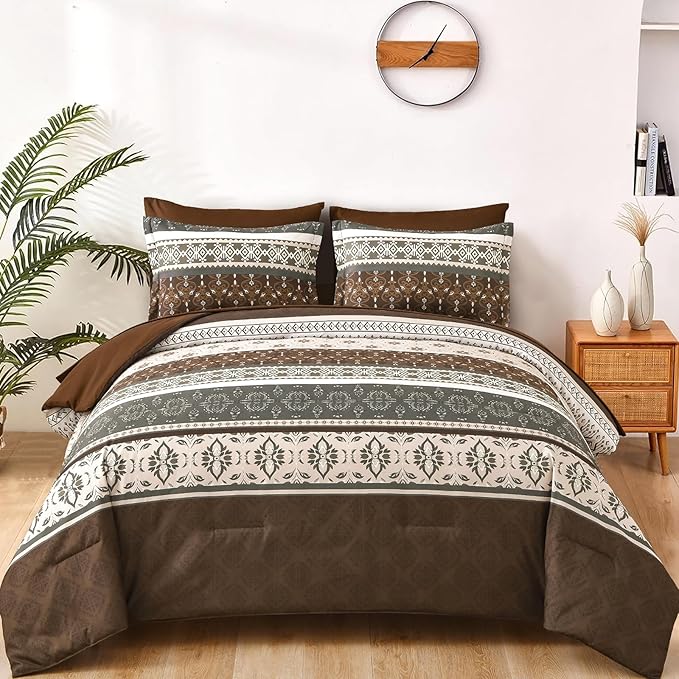 WONGS BEDDING Boho Comforter Set King, 7 Pieces Brown Comforter and Sheet Set,Bohemian Striped Floral Pattern Comforter Bedding Set,Soft Microfiber Bed in a Bag for All Season