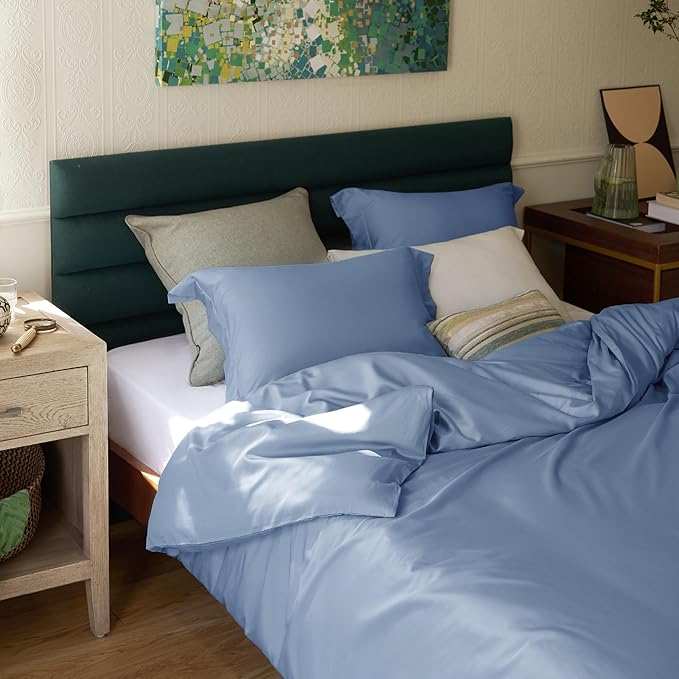 Bedsure Duvet Cover Queen Size - Moisture Wicking and Silky Eucalyptus Lyocell Cotton Hybrid Comforter Cover Set for Hot Sleeper - Buttery Soft and Breathable, Cooling Bedding Set, Slate Blue