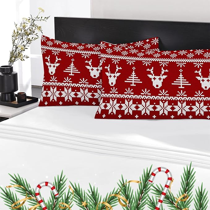 YIYEA Christmas Pillow Cases Queen Size Set of 4, Ultra Soft Double Brushed Microfiber Red Pillowcases and Christmas Reindeer Pillow Covers, Envelope Closure, Fade Resistant (20"x30")