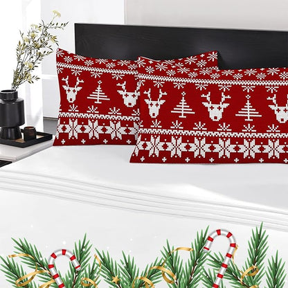 YIYEA Christmas Pillow Cases Queen Size Set of 4, Ultra Soft Double Brushed Microfiber Red Pillowcases and Christmas Reindeer Pillow Covers, Envelope Closure, Fade Resistant (20"x30")