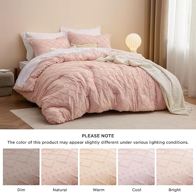 Bedsure Oversized Queen Comforter Set - Coral Pink Comforter, Boho Tufted Shabby Chic Bedding for Kids, 3 Pieces Vintage Farmhouse Bed Set for All Seasons, Fluffy Soft Bedding with 2 Pillow Shams