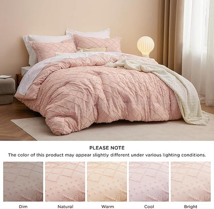 Bedsure Twin Comforter Set - Coral Pink Comforter, Boho Tufted Shabby Chic Bedding for Kids, 2 Pieces Vintage Farmhouse Bed Set for All Seasons, Fluffy Soft Bedding with 1 Pillow Sham