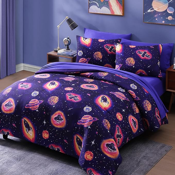 Twin Comforter Set for Boys-5 Pieces Space Rocket Twin Bedding Sets for Kids, Ultra Soft Bed in A Bag with Sheets
