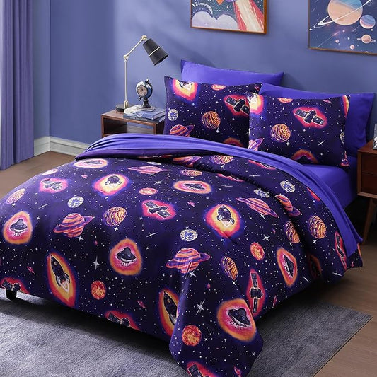Twin Comforter Set for Boys-5 Pieces Space Rocket Twin Bedding Sets for Kids, Ultra Soft Bed in A Bag with Sheets