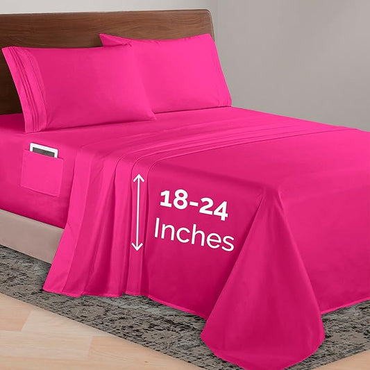 Elegant Comfort Luxurious 1500 Premium Hotel Quality Microfiber 4-Piece Sheet Set, 18-24 Inches Deep - Extra Deep Pocket Sheets - Ultra Soft 4PC Deep Pocket Sheets, Queen, Hot Pink