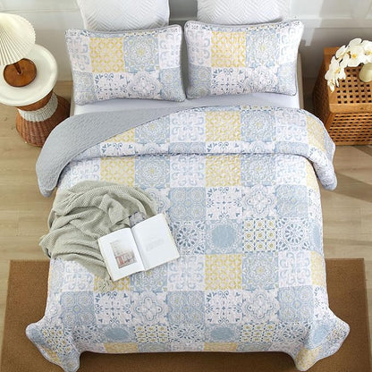 Dobuyly Full Size Quilt Set 3 Pieces, Blue/Yellow/Grey Patchwork Bedspreads, Boho Summer Coverlet Set, Soft Lightweight Microfiber Bedding Set for All Seasons 78"x90"