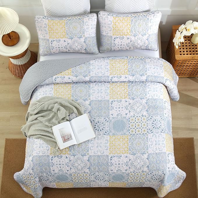 Dobuyly King Size Quilt Set 3 Pieces, Blue/Yellow/Grey Patchwork Bedspreads, Boho Summer Coverlet Set, Soft Lightweight Microfiber Bedding Set for All Seasons 110"x90"