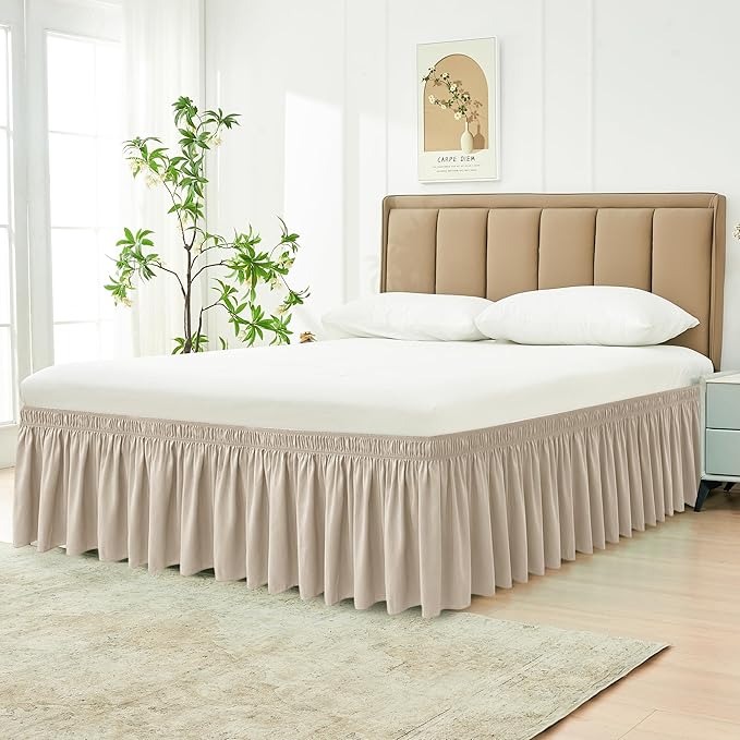 Biscaynebay Wrap Around Bed Skirts for King & Cal King Beds 14" Drop, Light Camel Adjustable Elastic Dust Ruffles Easy Fit Wrinkle & Fade Resistant Silky Luxurious Fabric Solid Machine Washable