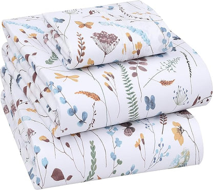 RUVANTI 100% Cotton Sheets – Twin Size Percale Bedding, Cooling & Breathable Floral Design, Durable with a Crisp, Soft & Comfortable Feel, 16" Deep Pocket, 3-Piece Set, Fern Class