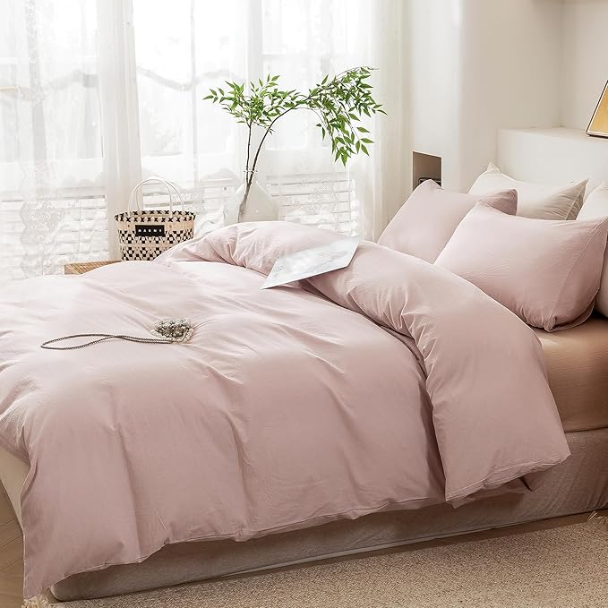 ECOCOTT Duvet Cover King Size - 100% Washed Cotton Durable Soft Comfy Duvet Cover Set, 3 Pieces Duvet Cover with Zipper Closure, No Comforter (Greyish Pink)