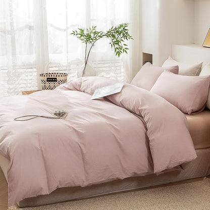 ECOCOTT Duvet Cover Queen Size - 100% Washed Cotton Durable Soft Comfy Duvet Cover Set, 3 Pieces Duvet Cover with Zipper Closure, No Comforter (Greyish Pink)