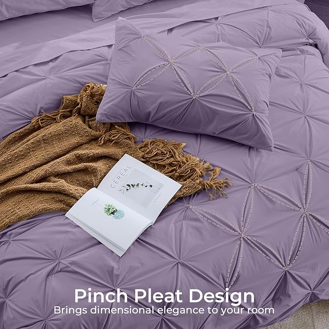 Sasttie Full Size Comforter Set, 7-Piece Bed in a Bag, Pintuck Bedding Set for All Season, Includes Comforter, Flat Sheet, Fitted Sheet, Pillowcases and Pillowshams, New Purple