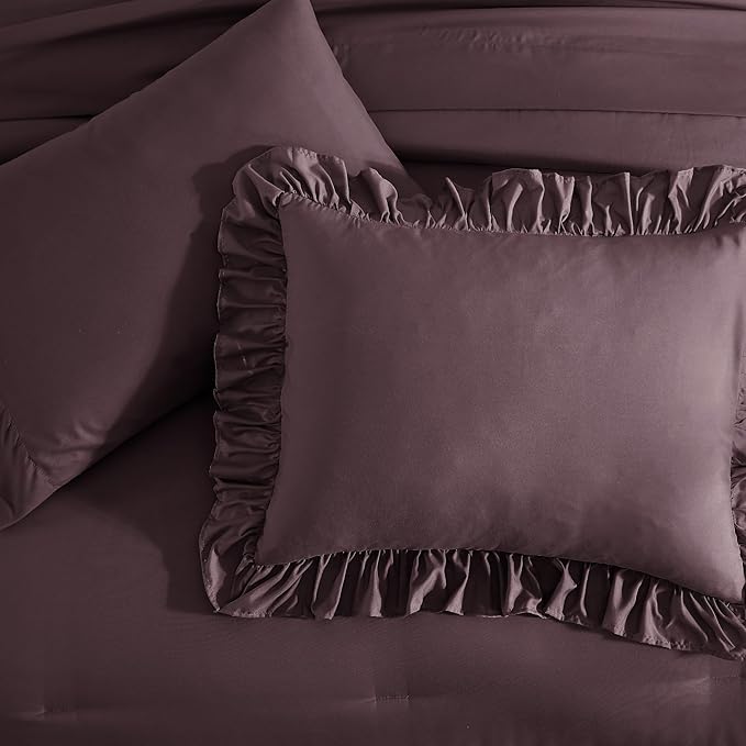 Queen Comforter Set Dark Purple, Ruffle Shabby Chic Bedding Set Farmhouse 7 Pieces, All Season Fluffy Bed in a Bag with Sheets, Pillowcases & Shams