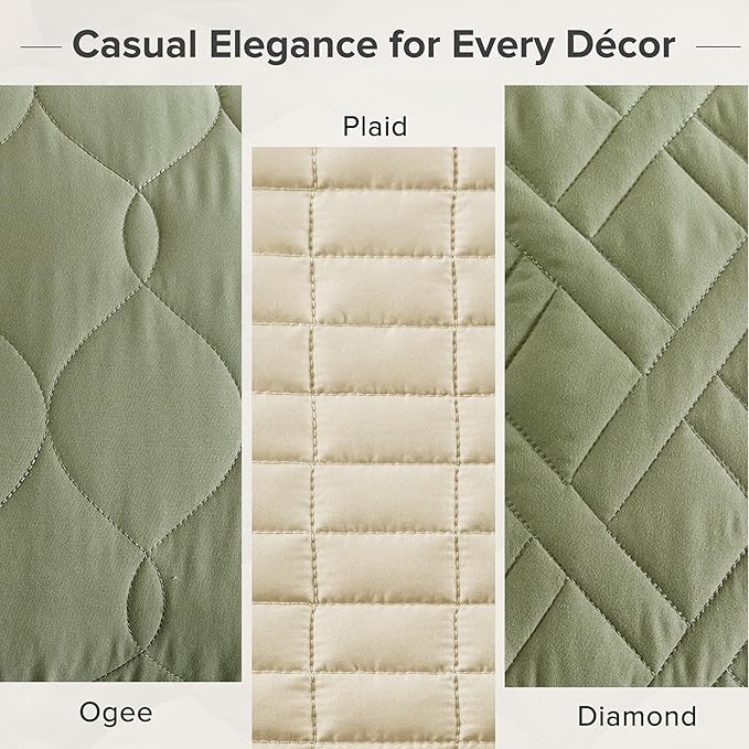 Comfort Spaces Queen Quilt Set Modern Reversible Ogee Coverlet Queen Bedding Set Cozy Quilted Winter Layer, All Season Lightweight Soft Queen Size Quilt, Kienna, Full/Queen Olive Green 3 Piece