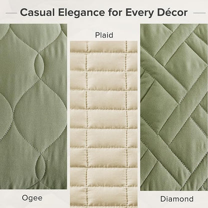 Comfort Spaces King Quilt Set Modern Reversible Ogee Coverlet King Bedding Set Cozy Quilted Winter Layer, All Season Lightweight Soft King Size Quilt, Kienna, Cal King Olive Green 3 Piece
