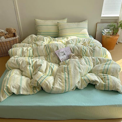 EAVD Vintage Striped Comforter Set Twin XL Soft Cotton 3-Piece Boho Bedding Set with 2 Pillowcases Retro Yellow-Green Vertical Stripes Geometric Comforter Set for All-Season