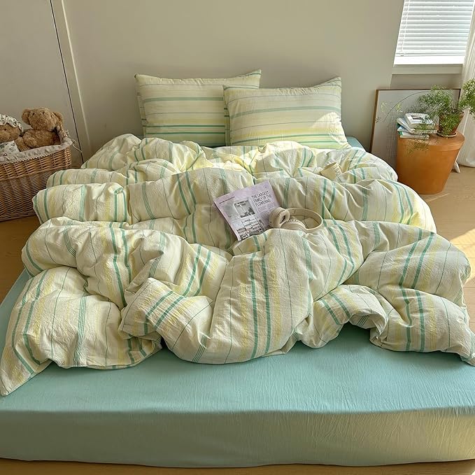 EAVD Vintage Striped Comforter Set King Soft Cotton 3-Piece Boho Bedding Set with 2 Pillowcases Retro Yellow-Green Vertical Stripes Geometric Comforter Set for All-Season