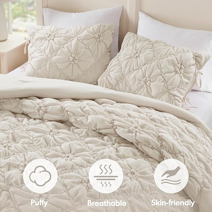 Intelligent Design Queen Comforter Set – Ivory Lily Puffy Floral Shabby Chic Boho Bedding Comforter Set, Pinch Pleat Bedding Sets, Ultra-Soft, Lightweight & All-Season, Full/Queen