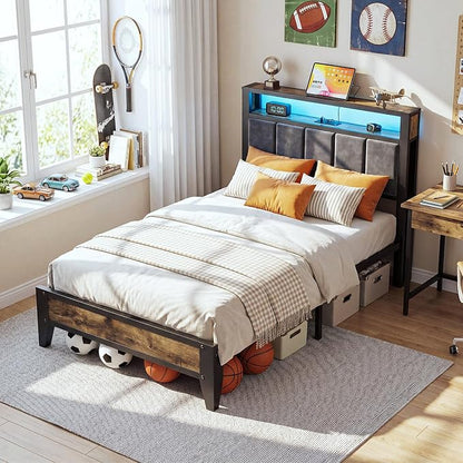 OLEVS Twin Bed Frame with LED Light Storage Headboard and Charging Station Type C, Metal Platform Bed Twin Size,No Box Spring Needed, Noise Free, Easy Assembly