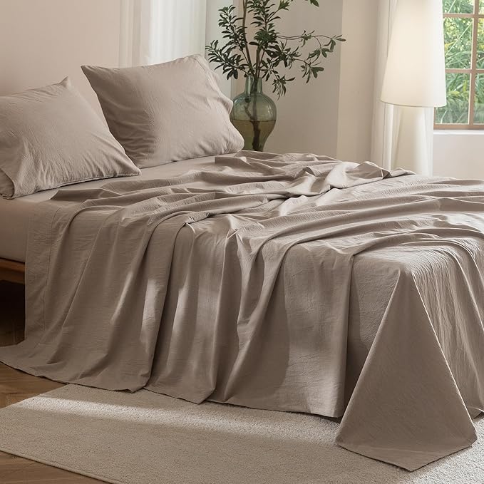 JIYUAN California King Size Sheet Set, 4-Piece - 100% Washed Cotton, Linen-Like Soft & Breathable, Includes Deep Pocket Fitted & Flat Sheet with 2 Pillowcases, Hotel Quality, Heathered Warm Taupe