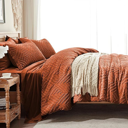 Zzlpp Twin Comforter Set 5 Pieces, Burnt Orange Tufted Bed in a Bag with Comforter and Sheets, All Season Boho Bedding Sets with 1 Comforter, 1 Pillow Sham, 1 Pillowcase, 1 Flat Sheet, 1 Fitted Sheet