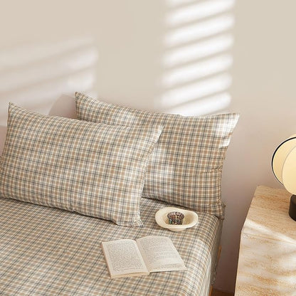 EAVD Vintage Style Brown Gingham Comforter Set Twin XL Soft 100% Washed Cotton Modern Grid Plaid Comforter Set 3-Piece Farmhouse Geometric Gingham Bedding Set for All-Season