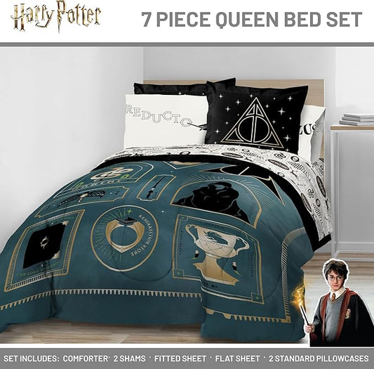 Jay Franco Kids Comforter Set Includes Sheets and Pillow Covers - Soft and Cozy Bed Set for Stylish Room Decor, Blue - Harry Potter, 7 Piece Queen Size Bedding