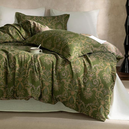 VM VOUGEMARKET Green Floral Duvet Cover Queen,3 Pieces Retro Boho Medallion Jacquard Flower Bedding Set,Linen Cotton Yarn-Dyed Textured Reversible Duvet Cover with Zipper Closure