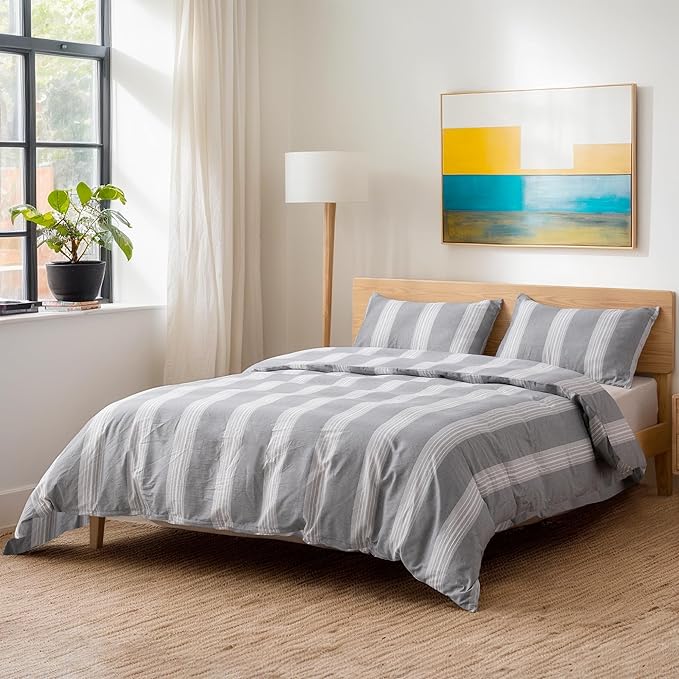 TOCOMOA Striped Duvet Cover Set 100% Natural Cotton Soft Comfy Breathable 3 Piece Light Grey and White Pattern Printed Comforter Cover Bedding Set (King 104"x90", Comforter Not Included)