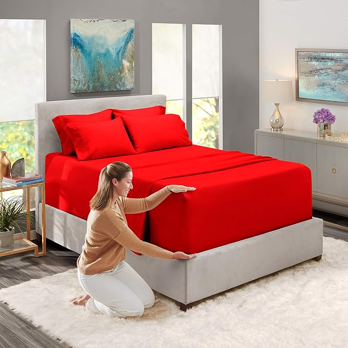 Hearth & Harbor Extra Deep Pocket Sheets - Fits Mattress 18-24 Inches Deep - Extra Deep Pocket California King Size - 6 Piece Cal King Sheets - Cal King, Cherry Red