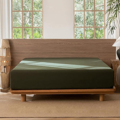 MooMee Fitted Bottom Sheet Only 100% Washed Cotton Linen Like Textured Breathable Durable Soft Comfy Deep Pocket Fits Mattress up to 17" (Olive Green, Queen)
