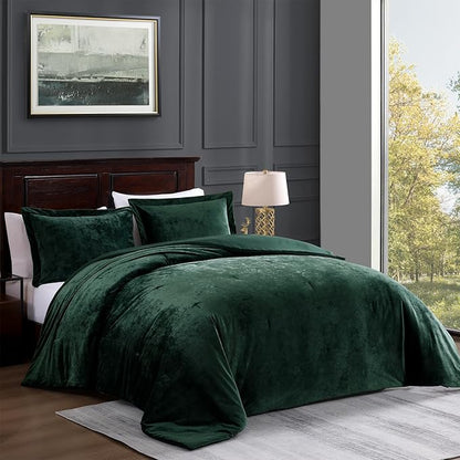 TAMGHO Dark Green Comforter Queen, Crushed Velvet Bedding for All Seasons, Luxury Fluffy Soft 3pc Bed Set Includes 1 Comforter (92"x96") and 2 Pillow Shams (20" x26), Dark Emerald Green | Soft, Medium Fill Weight, Velvet Texture