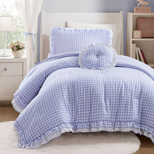 Intelligent Design Rowena Twin Comforter Set – Blue Gingham Ruffled Bedding, Vintage Farmhouse Style, Reversible All Season 3-Piece Bedding Set, Twin/Twin XL, Gift for Her