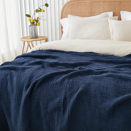 EMME Cotton Blanket Twin XL for Bed Soft Muslin Blankets 66"x90" Lightweight Breathable Layering Bedspread Coverlet All Season Gauze, Navy