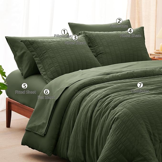 CozyLux Oversized Queen Comforter Set Olive Green Seersucker 7 Pieces 98x98 Bed in a Bag Comforter Set with Sheets, Luxury Soft Bedding Set with Down Alternative Comforter, Sheets, Pillowcases & Shams