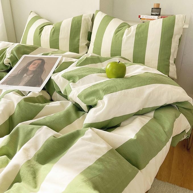 LifeTB Sage Green and White Striped Duvet Cover Set Twin, 100% Washed Microfiber Soft Breathable Striped Bedding Set, 3 Pieces Retro Stripes Pattern Printed Comforter Cover with 2 Pillowcases