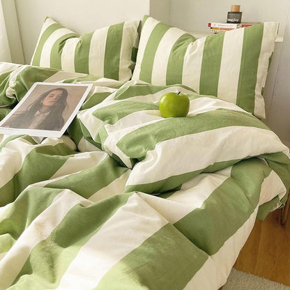 3 Pieces Striped Duvet Cover Set Queen, 100% Washed Microfiber Sage Green and White Stripes Pattern Printed Comforter Cover, Farmhouse Striped Bedding Set Soft Breathable Duvet Cover Queen Size