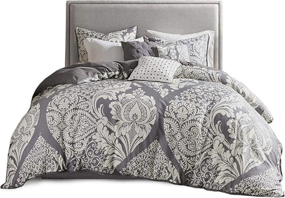 Madison Park Vienna Sateen Cotton Comforter Set, Breathable, Soft Cover, Trendy, All Season Down Alternative Cozy Bedding with Matching Shams, Queen, Grey 7 Piece