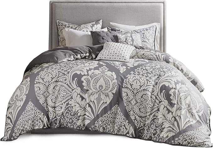 Madison Park Vienna Sateen Cotton Comforter Set, Breathable, Soft Cover, Trendy, All Season Down Alternative Cozy Bedding with Matching Shams, King, Grey 7 Piece