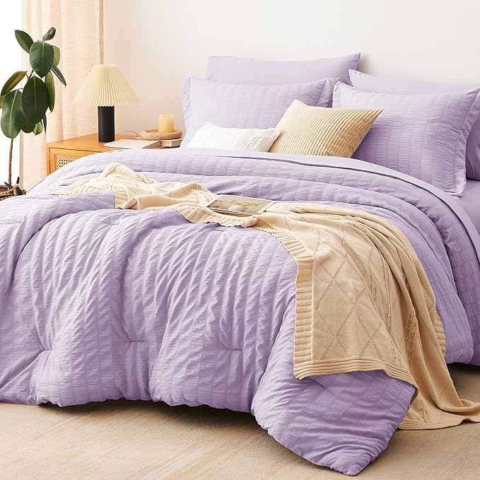 CozyLux Full Size Comforter Sets with Sheets 7 Pieces, Light Purple Seersucker Bed in a Bag Textured Luxury Soft Bedding Sets with Down Alternative Comforter, Sheets, Pillowcases & Shams, Lavender