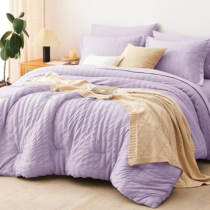 CozyLux King Size Comforter Set Light Purple Seersucker 7 Pieces Bed in a Bag King Comforter Set with Sheets, Lavender Luxury Bedding Sets with Down Alternative Comforter, Sheets, Pillowcases & Shams