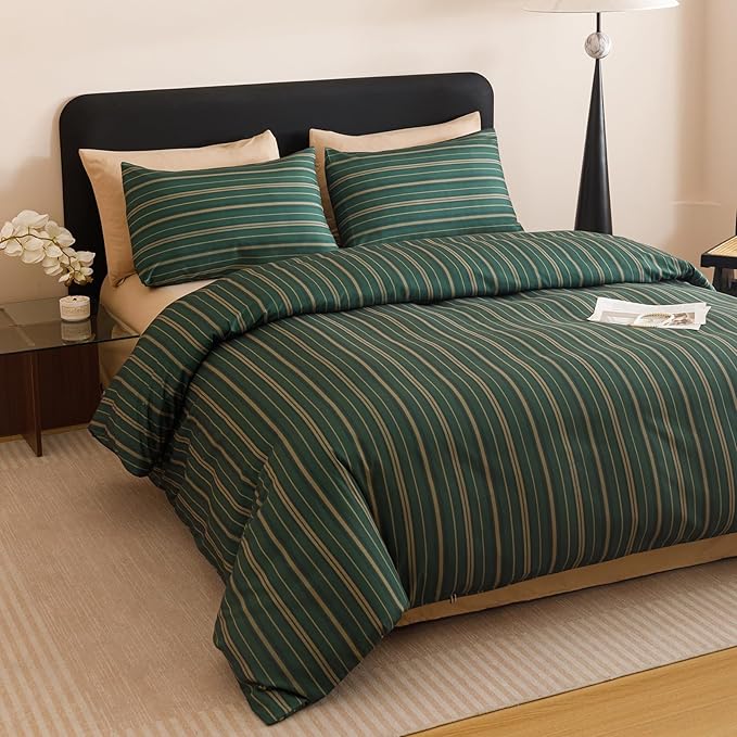 CLOTHKNOW Striped Comforter Set California King Green Bedding Comforter Sets Farmhouse Soft Ticking Comforter with 2 x Pillow Cases