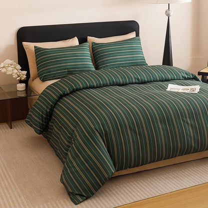 CLOTHKNOW Striped Comforter Set California King Green Bedding Comforter Sets Farmhouse Soft Ticking Comforter with 2 x Pillow Cases