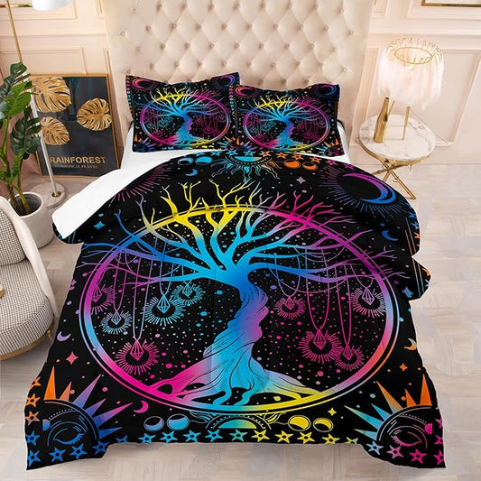 NINENINE Tree of Life Bedding Sets Queen Sun and Moon Comforter Set,Gothic Bohemian Comforter Set for Kids Boys Girls,Galaxy Stars Mandala Tribal Bed Set with 1 Comforter 2Pillowcases…