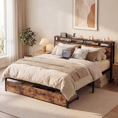 LIKIMIO King Size Bed Frame with Storage Headboard, Platform King Bed with 2 Drawers and Charging Station, Heavy-Duty Metal Slats, No Box Spring Needed, Easy Assembly, Retro Brown