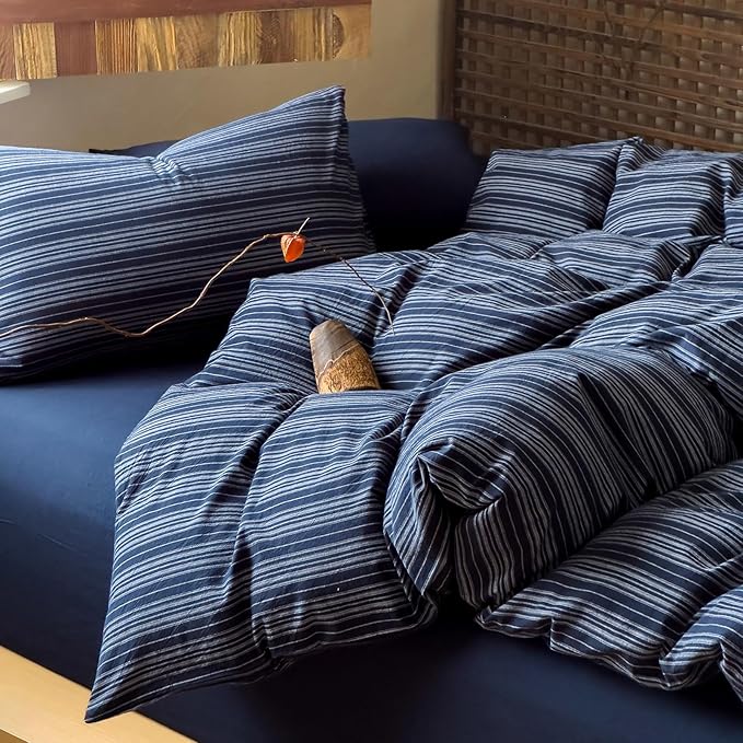 Striped Duvet Cover Twin Navy Blue Washed Cotton Comforter Cover Twin Soft Grey Vertical Stripe Farmhouse Duvet Cover Set with Zipper Boho Patterned Bedding Set Wabi Sabi Duvet Protector